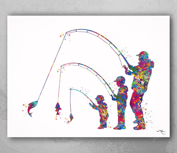 Father Son and Baby Fishing Watercolor Print Fishing Kids Father Day Fishing Art Gift Wall Art Dad and Kids Home Decor Nursery Decor-2059