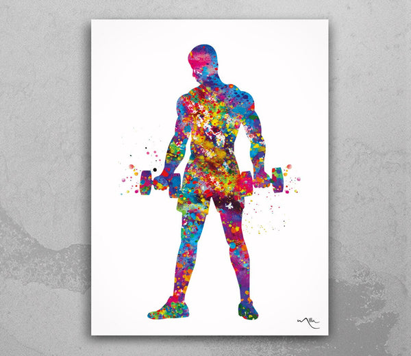 Male Lifting Weights Watercolor Print Male Boy Dumbell Weightlifter Wall Decor Gym Fitness Power Lifter Strong Dad Gift Sport Wall Art-2071