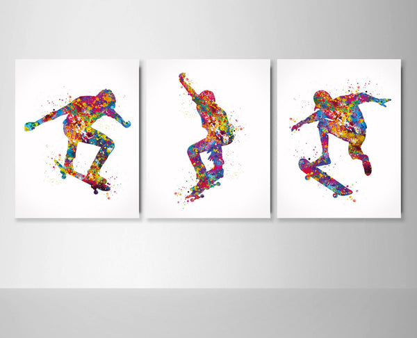 Boy Skater Watercolor Print Set of 3 Skateboarder Gift Skater Painting Teen Room Decor Poster Nursery Decor Gift Skateboard Wall Art-2132