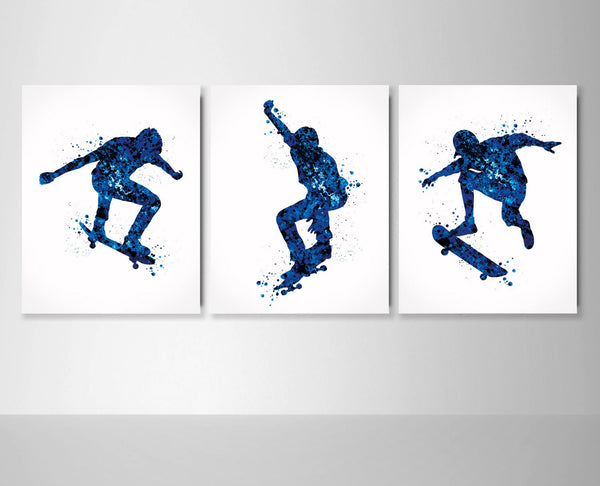 Boy Skater Watercolor Print Set of 3 Navy Blue Skateboarder Gift Skater Teen Room Decor Poster Nursery Decor Gift Skateboard Wall Art-2134