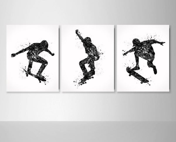 Boy Skater Watercolor Print Set of 3 Black and White Skateboarder Gift Teen Room Decor Poster Nursery Decor Gift Skateboard Wall Art-2133