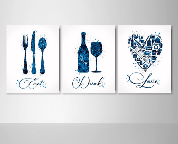 Kitchen Art Watercolor Print Eat Drink Love Set of 3 Kitchen Restaurant Wall Art Housewarming Gift Food Drink Dining Room Wall Decor-2097