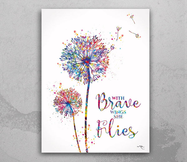 Dandelion Quote Watercolor Print Wedding Gift, With brave wings she flies, Flowers Wall Decor Home Decor Housewarming Gift Wall Hanging-559