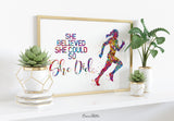 Runner Quote Watercolor Print Runner Female Woman Girl, She believed she could so she did, Sport Running Marathon Athlete Motivational-2171