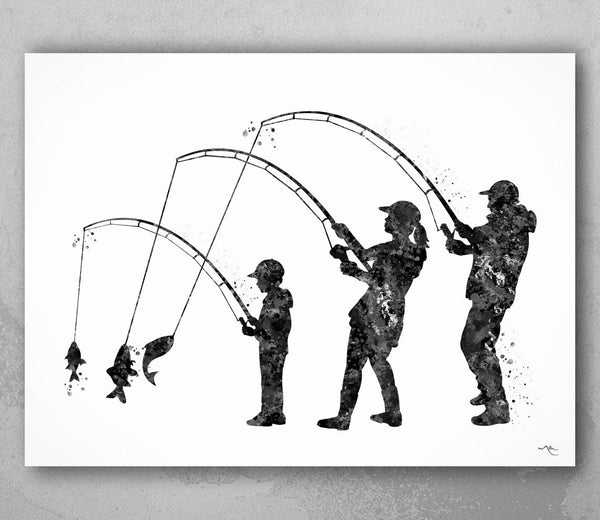 Fishing Family Watercolor Print Mom Dad and Son Fishing Poster Housewarming Gift Wall Art Father Mother and Son Gift Grey Nursery Decor-2172