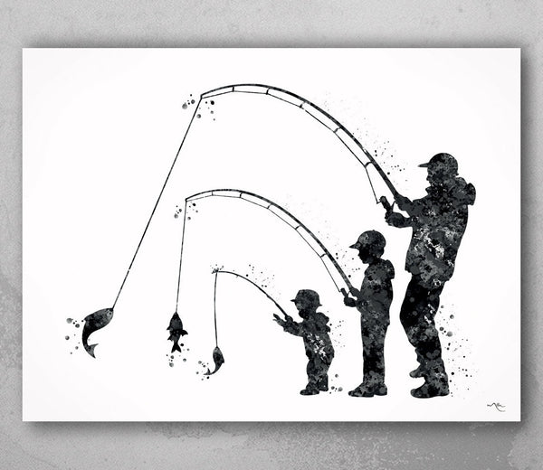 Father Son and Baby Fishing Watercolor Print Fishing Kids Father Day Fishing Art Gift Wall Art Dad and Kids Home Decor Nursery Decor-2136
