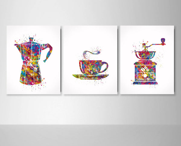 Coffee Maker Watercolor Print Kitchen Art Set of 3 Kitchen Wall Art Housewarming Gift Food and Drink Dining Room Wall Decor Dine Room-2203