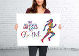 Runner Quote Watercolor Print Runner Female Woman Girl, She believed she could so she did, Sport Running Marathon Athlete Motivational-2171