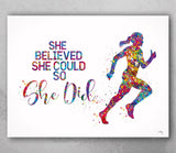 Runner Quote Watercolor Print Runner Female Woman Girl, She believed she could so she did, Sport Running Marathon Athlete Motivational-2171