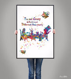 Alice Quote Watercolor Print Tea Party Mad Hatter Art Inspirational "I'm not Crazy" Teen Room Decor Nursery Housewarming Gift Wall Art-313 - CocoMilla