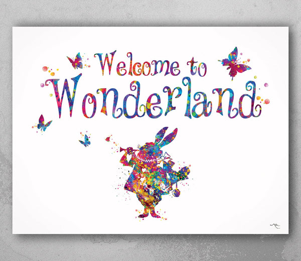 Alice White Rabbit Welcome to Wonderland Quote Watercolor Print Teen Nursery Decor Party Birthday Gift Housewarming Gift Wall Hanging-1281