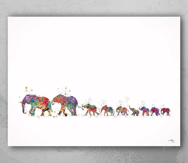 Elephant Family Mom Dad and 7 Baby Print Watercolor Painting Wedding Gift Wall Art Wall Decor Art Nursery Home Decor Wall Hanging-1285