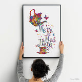 Alice "We're All Mad Here" Quote Watercolor Print Housewarming Gift Tea Time Kitchen Wall Art Home Decor Cheshire Cat Art Wall Hanging-640