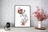 Alice "We're All Mad Here" Quote Watercolor Print Housewarming Gift Tea Time Kitchen Wall Art Home Decor Cheshire Cat Art Wall Hanging-640