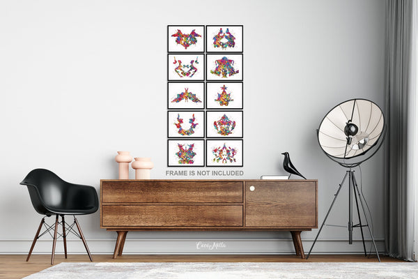 Rorschach Inkblot Test Card Set of 10 Watercolor Print Psychology Psychiatry Wall Art Psychotherapist Psychologist Office Medical Art-2180