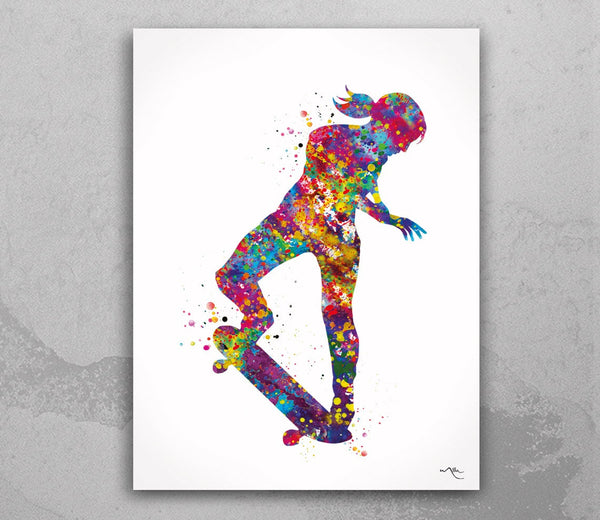 Skateboarder Girl Watercolor Print Skateboard Street Sport Art Wall Art Wall Decor Girls Room Home Decor Nursery Skateboarding Wall Art-2189
