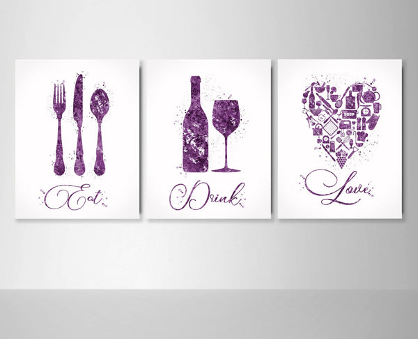 Kitchen Art Watercolor Print Eat Drink Love Set of 3 Kitchen Wall Art Housewarming Gift Food Drink Dining Room Wall Decor Dine Room-1238