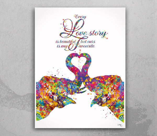 Elephant KISS Love Story Quote Love Watercolor Print Wedding Gift Wall Art Anniversary Gift Honeymoon Wall Decor Home Decor Wall Hanging-671