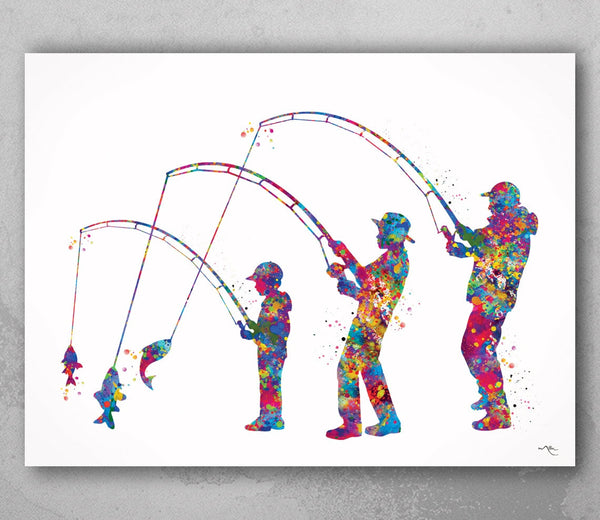 Fishing Family Watercolor Print dad and two son fishing poster Housewarming Gift Teen Wall Art Father and Sons Teen Gift Nursery Decor-2231