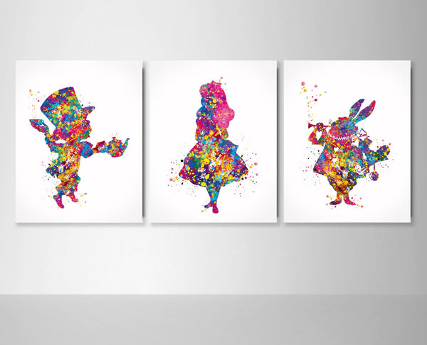 Alice Wall Art Watercolor Print Set Of 3 Teen room Decor Kids Room Nursery Decor For Childrens Alice Party Mad Hatter White Rabbit Print-968