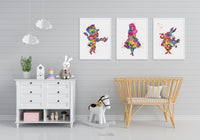Alice Wall Art Watercolor Print Set Of 3 Teen room Decor Kids Room Nursery Decor For Childrens Alice Party Mad Hatter White Rabbit Print-968