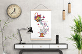 Alice "We're All Mad Here" Quote Watercolor Print Housewarming Gift Tea Time Kitchen Wall Art Home Decor Cheshire Cat Art Wall Hanging-640