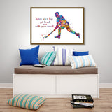 Field Hockey Male Quote Watercolor Print Hockey Player Man Gift Wall Decor Boy Hockey Art Run with your heart Male Man Cave Wall Art-2244