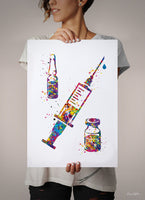 Syringe  Injection Watercolor Print Medical Art Dentist IV Nurse Practitioner Medicine CANVAS Art Doctor Office Surgery Dental Clinic-1291