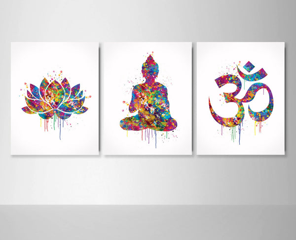 Yoga Art Watercolor Print Set Modern Home Decor Buddha Ohm Lotus Flower Symbol Set Yoga Studio Decor Home Decor Wall Hanging Yogi Gift-1192