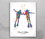 Scuba Diving Couple Watercolor Print Personalised Scuba Diving Couple Print Wall Art Diving Wedding Gift Valentine's Gift Wall Hanging-1422