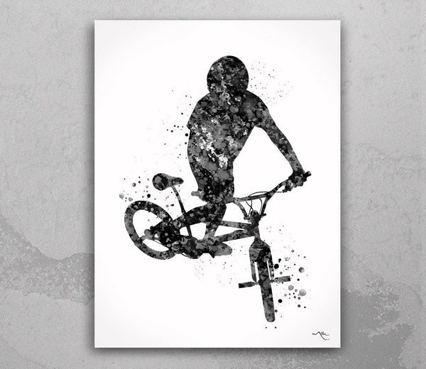 Biker Art Watercolor Print Dirt Bike Mountain Biker Poster BMX Biking Stunt Racing Bike Extreme Sport Acrobatic Bike BW Sports Wall Art-2227