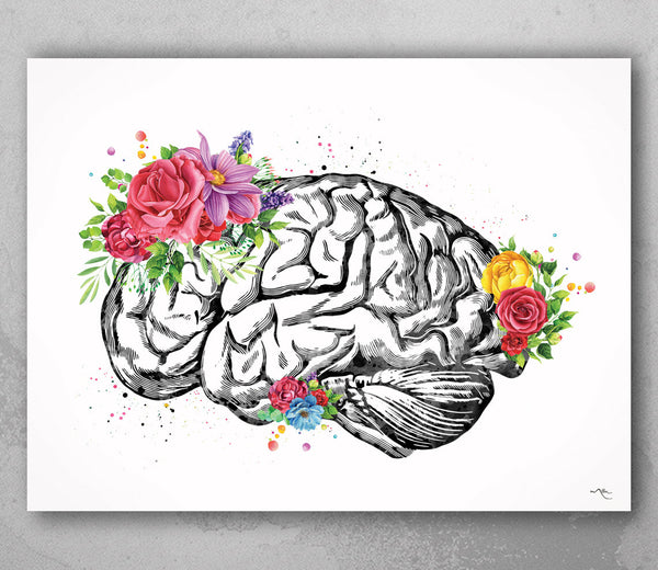 Brain Anatomy with Flowers Watercolor Print Floral Medical Art Science Neurology Doctor Gift Nurse Psychology Clinic Office Wall Decor-1351