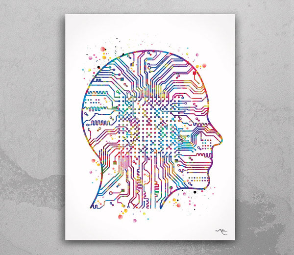 Artificial Intelligence Brain Watercolor Print Tech Abstract Circuit Board Nerd Science Art Computer Nano Technology Circuit Board Art-206