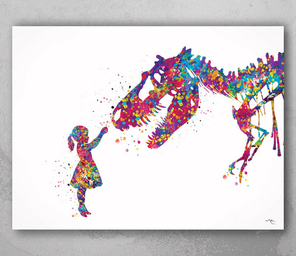 Girl and Dinosaur Tyrannosaurus Rex Watercolor Print T-Rex and Little Girl Wall Art Painting Nursery Art Kids Room Personalised Gift-1605