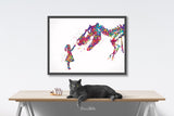 Girl and Dinosaur Tyrannosaurus Rex Watercolor Print T-Rex and Little Girl Wall Art Painting Nursery Art Kids Room Personalised Gift-1605