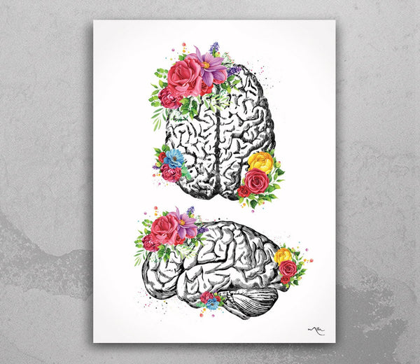 Brain Floral Watercolor Print Flowers Cerebrum Medical Art Neurology Doctor Gift Nurse Psychology Clinic Office Decor Neuroscience Art-1352