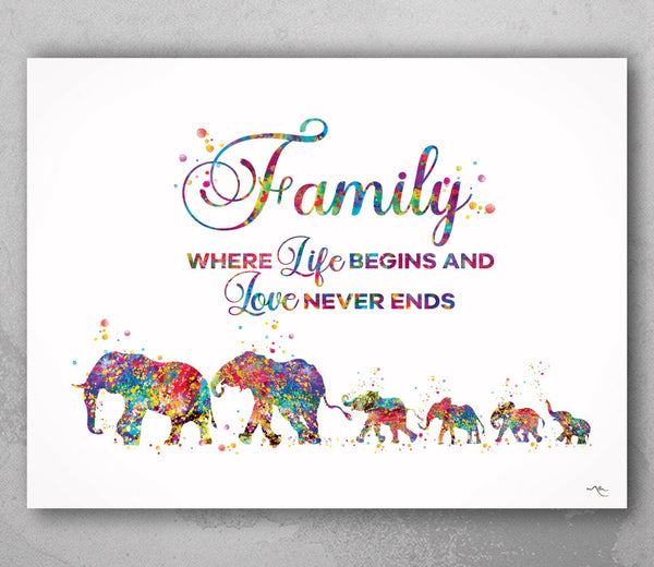 Elephant Family Quote Watercolor Print Mom Dad and four Baby Art Print Wedding Gift Wall Art  Wall Decor Art Home Decor Wall Hanging-461