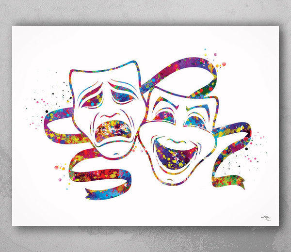 Theatre Masks Watercolor Print Comedy and Tragedy Actor Gift Mask Carnival Musical Show Drama Theatrical Theater Wall Art Decor Cinema-1425