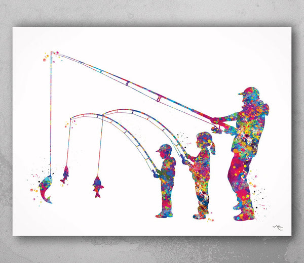 Father and Daughter and Son Fishing Watercolor Print Fishing Poster Father Day Fishing Wall Art Father Fishing Buddies Nursery Decor-2261