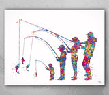 Family Fishing Watercolor Print Mom Dad Son Daughter Kids Poster Housewarming Gift Wall Art Father Mother and Son Gift Nursery Decor-2262