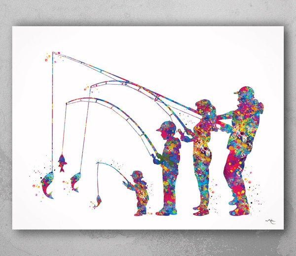 Family Fishing Watercolor Print Mom Dad Son Daughter Kids Poster Housewarming Gift Wall Art Father Mother and Son Gift Nursery Decor-2262