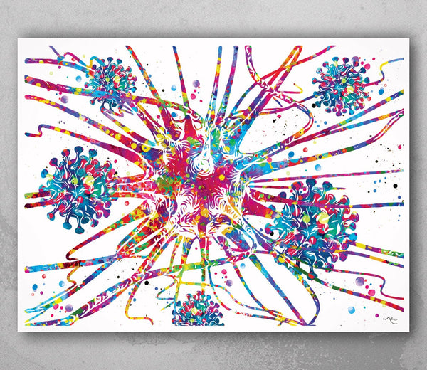 Brain Cell Infected Watercolor Print Neuron Art Science Gift Neurology Nerve Cell Medical Art Virus Wall Art Neuroscience Clinic Decor-1429