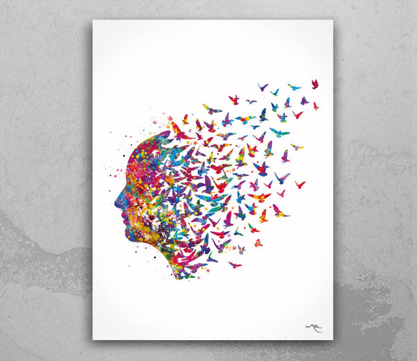 Free Mind Watercolor Print Flying Birds Painting Meditation Freedom Yoga Print Psychology Clinic Therapy Yoga Original Design Nirvana-1014