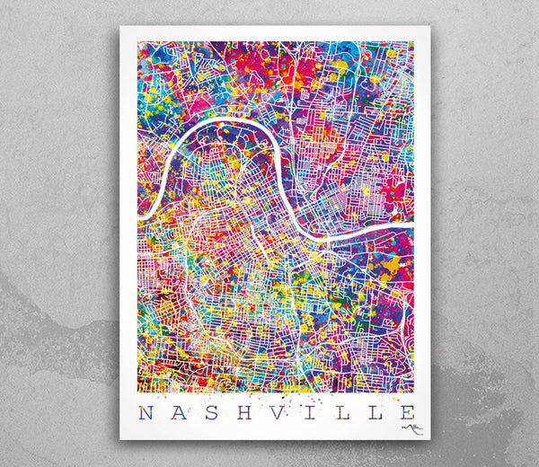Nashville City Map Watercolor Print United States Tennessee Map Art Print Wall Wedding Gift Wall Decor Home Decor Wall Hanging Wall Art-580