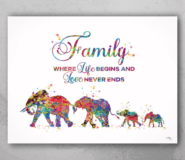 Elephant Family Quote Watercolor Print Mom Dad and two Baby Art Print Wedding Gift Wall Art  Wall Decor Art Home Decor Wall Hanging-1155