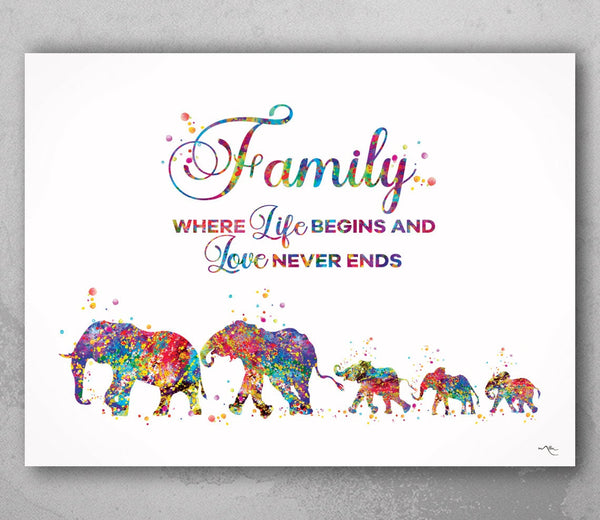 Elephants, Mom Dad and Three Baby Family Quote Watercolor Print Wedding Gift Wall Art Wall Decor Art Home Decor Wall Hanging Baby Shower-844