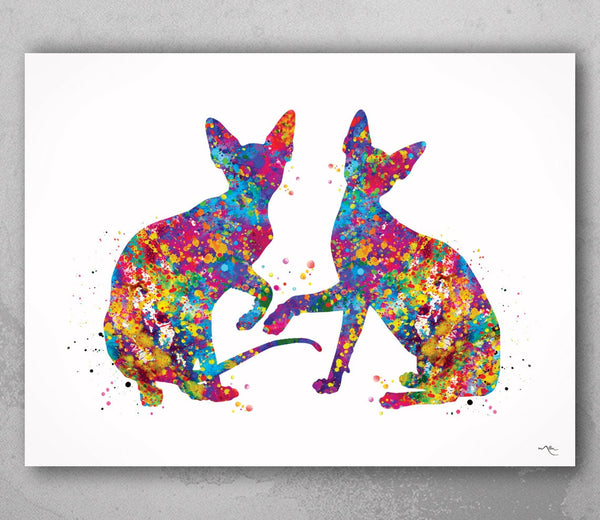Sphynx Cat Couple Watercolor Print Cat Lover Home Decor Kitty Love Housewarming Gift Pet Loss Gift Hairless Cat Devon Rex Gift Wall Art-291