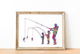 Father and Daughter and Son Fishing Watercolor Print Fishing Poster Father Day Fishing Wall Art Father Fishing Buddies Nursery Decor-2261