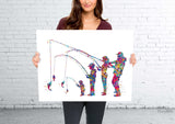 Family Fishing Watercolor Print Mom Dad Son Daughter Kids Poster Housewarming Gift Wall Art Father Mother and Son Gift Nursery Decor-2262