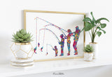 Family Fishing Watercolor Print Mom Dad Son Daughter Kids Poster Housewarming Gift Wall Art Father Mother and Son Gift Nursery Decor-2262